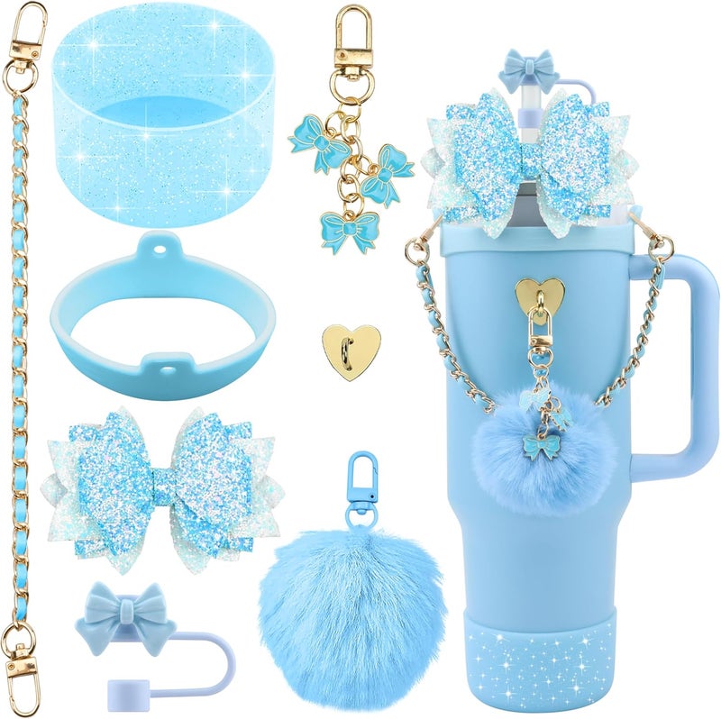 SEMATA Bling Accessories for Stanley Cup 40oz & 30oz Tumbler Including Silicone Cute Bow Straw Topper Cover, Silicone Boot for Stanley Cup,Leather Water Bottle Handle Strap, Charms(Blue) - Image 1